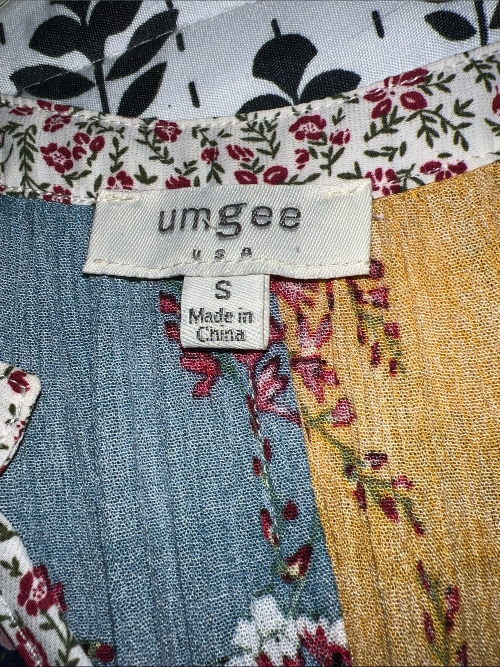 Umgee Multi-Panel Floral Patchwork Mini Dress in Mustard, Blue & Black - Picture 3 of 7